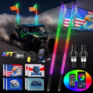 MICTUNING 2pc 4ft Spiral LED Whip Lights with 8 Flags, RF Remote & App Control, RGB Chasing Lighted Whips with Rocker Switch, Music Synced Whip Light for UTV ATV Polaris RZR Can-Am