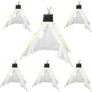 6pcs Teepee Tents Set with Markeable Small Blackboards and 10FT String Lights, Foldable Indoor Outdoor Play Teepee Tent for Girls & Boys, for Birthday Party Boho Sleepovers Party (White)