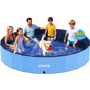 VISTOP Jumbo Foldable Dog Pool, Hard Plastic Shell Portable Swimming Pool for Dogs Cats and Kids Pet Puppy Bathing Tub Collapsible Kiddie Pool (107inch.D x 15.7inch.H, Blue)