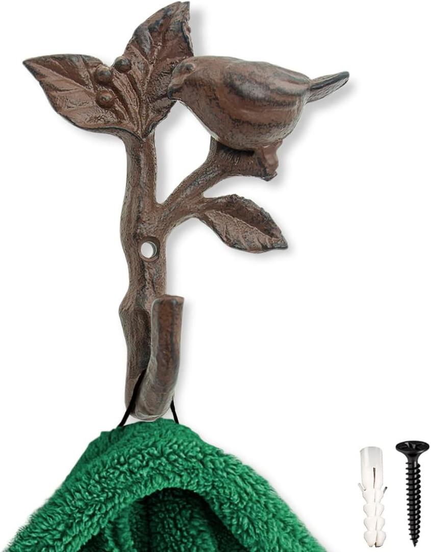 Comfify Bird On A Branch Single Wall Hook/Hanger - Metal, Heavy Duty, Rustic, Vintage, Recycled, Decorative Gift Idea - 4.75x1.8x6 - with Screws and Anchors - Rust Brown