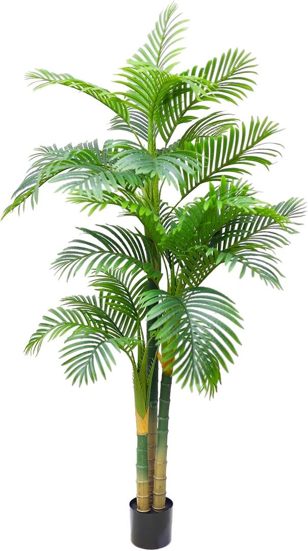 7FT Fake Palm Trees, Artificial Golden Cane Palm Tree 84IN, Green Large Tropical Palm Fake Plant in Pot for Indoor Outdoor, Living Room Outside Patio Office Home Decor