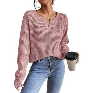 RICHSTORY Sweaters for Women 2025 Casual Long Sleeve V Neck Pullover Tops Loose Solid Color Lightweight Knit Sweater Trendy Fall Clothes Winter Outfits Pink M