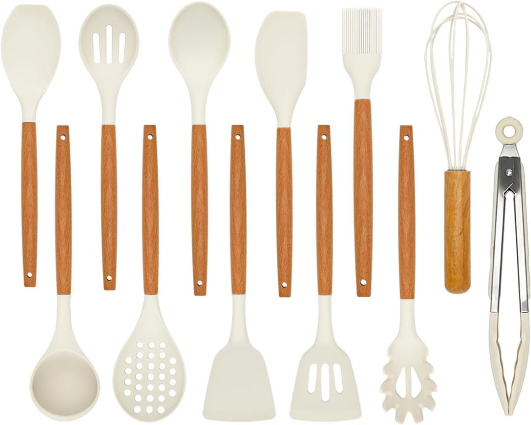 Kitchen Utensils Set - 12 Pcs Silicone Cooking Utensils Set with Wooden Handle - Heat Resistant Non-Stick BPA Free Spatula Set,Turner, Spoon, Brush, Silicone Kitchen Gadgets Utensil Set (Cream White)
