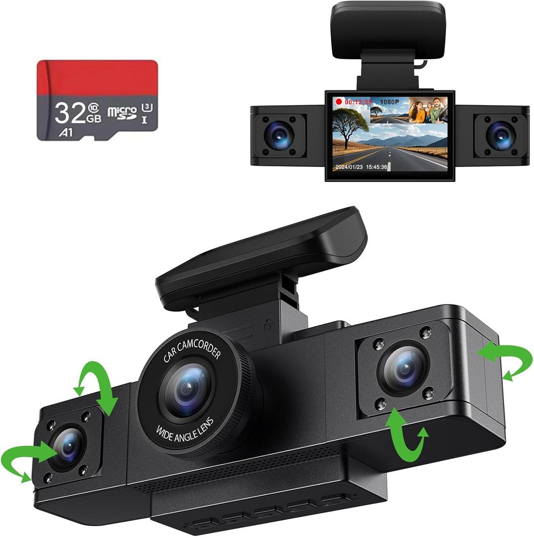 Channel 1080P Dash Cam Front and Inside Left/Right, Free 32G Card, Dash Camera Loop Recording, Triple Camera for Cars 24 Hours/7 Parking Monitor, Wide Angle, IR Night Vision, with G-Sensor, Black