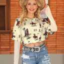 MYMORE Women's Oversized Western Cowgirl Graphic T Shirts 2 in 1 Short Mesh Sleeve Vintaged Rodeo Print Shirt with Thumb Hole (L)