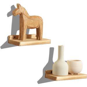 Freezing point Small Floating Shelf for Wall Set of 2 Natural Wood 8Inch Mini Wall Shelves Decor Plant Display Collectibles Mounted Kitchen Bathroom Bedroom Corner Decorative Storage Tiny Stand (8x4, Carbonized Black)