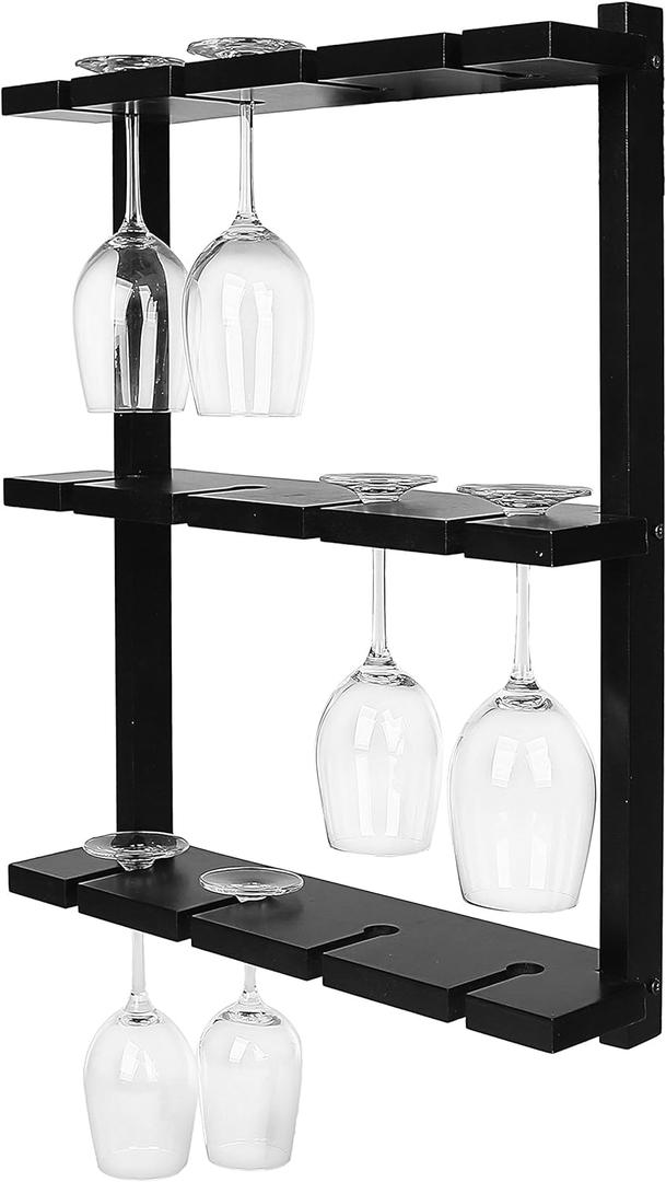 MyGift Wine Glass Rack - Wall-Mounted Black Wood Stemware, 12 Glassware Holder Rack, Wine Glasses Storage Hanger for Bar Kitchen