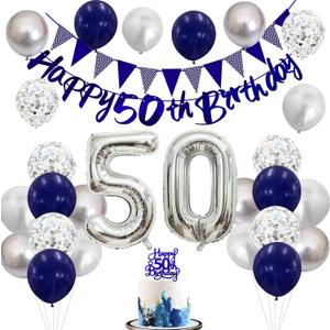 50th Birthday Decorations for Men Women, Black Silver White 50th Birthday Balloons, Black Happy 50th Banner Cake Topper Number 50 Balloon for 50 Year Old Party Decoration