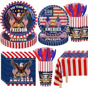 Iridescent USA 250 Years Anniversary Party Tableware Decorations Kit, Holographic Laser Plates(9+7), Sparkling Patriotic Tablecloth 9ft, Cups Napkins for 4th of July, Kids Birthday, Patriotic Party