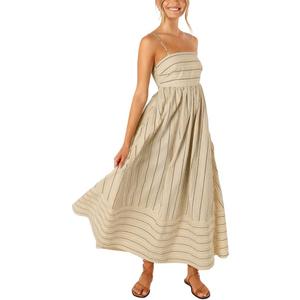 chouyatou Women's Striped Back Smocked Maxi Dress Sexy Spaghetti Strap Cut Out Flowy Swing Long Dress (Large, Apricot)
