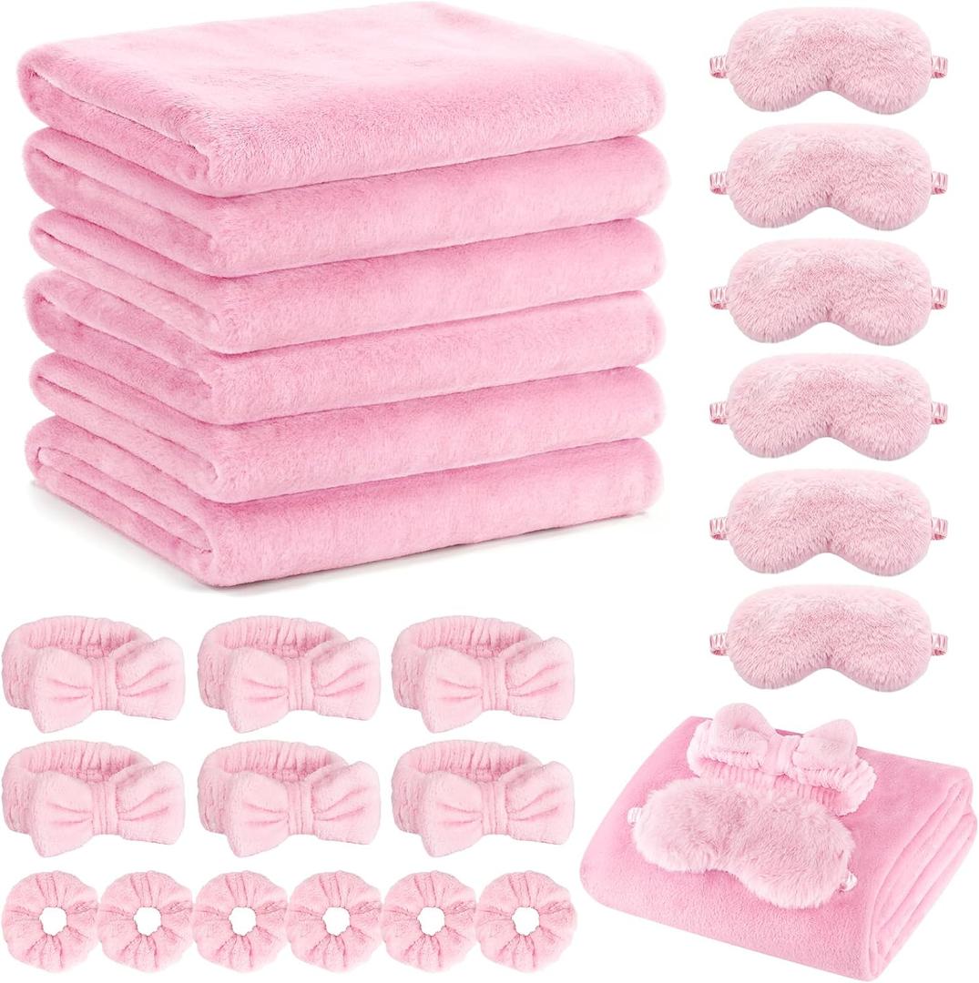 Sleepover Party Supplies for Girls, Spa Slumber Favor with Blanket Headband Eye Mask Hair Scrunchies (Pink 24Pcs)