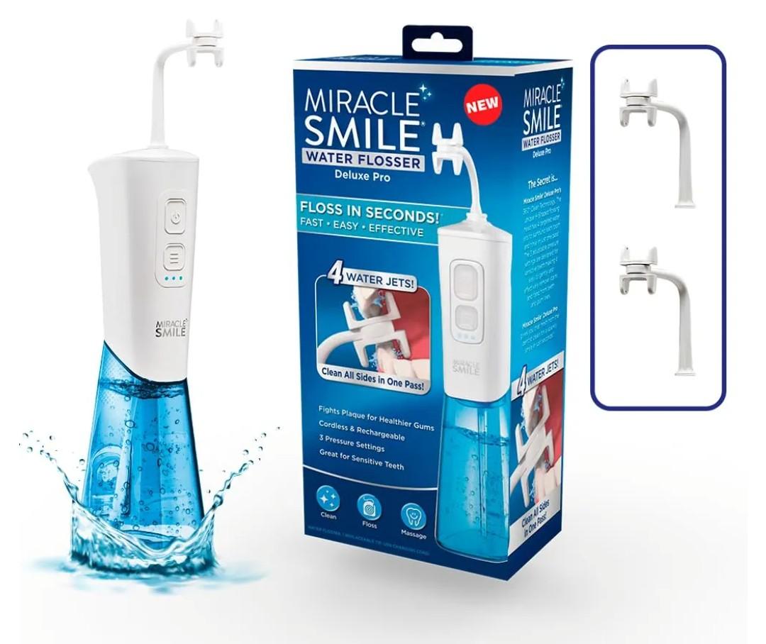Ontel Miracle Smile Water Flosser for Teeth&Gum Health, Unique H-Shaped Flossing Head&4 Water Jets, Cordless Water Flosser Features 360° Cleaning&3 Pressure Modes, USB Rechargeable Dental Floss, White