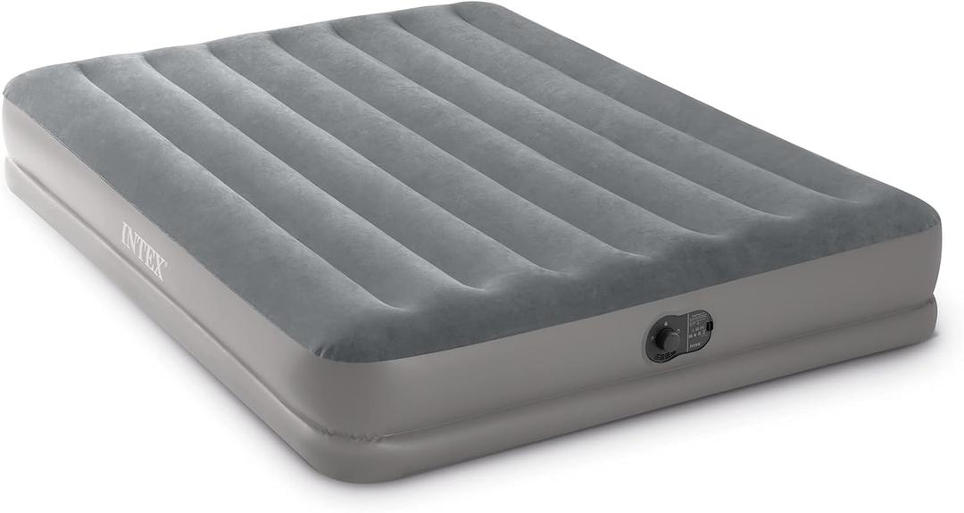 Intex 64114E Dura-Beam Standard Prestige Air Mattress: Fiber-Tech – Queen Size – Built-in USB Electric Pump – 12in Bed Height – 600lb Weight Capacity 