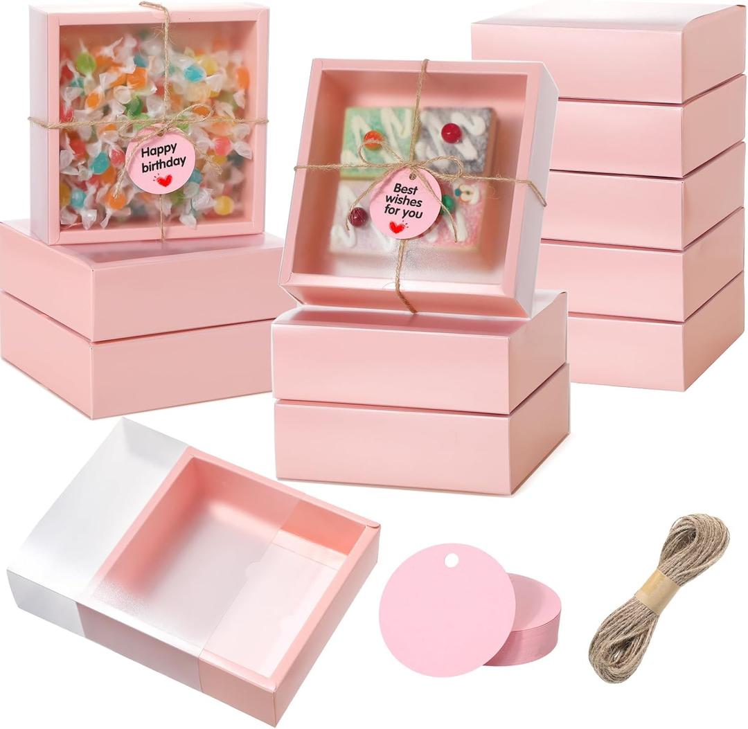 Roowest 50 Sets Kraft Homemade Gift Box Bundle with Blank Tags and Jute String (101 Items) for Jewelry Candy Wrapping Party Favor(6.5 x 6.5 x 2 Inch,Pink)