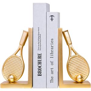 Modern Decorative Gold Bookends for Shelves,Unique Tennis Racket Book Ends | Heavy Books Stopper Decor for Desk Home,Non-Slip Book Holder Shelf Decor, Gifts for Tennis Lovers