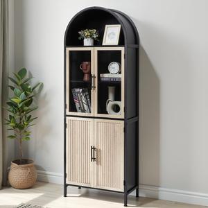 Arched Bookcase Book Shelf with Glass Doors, 5 Tier Tall Display Bookshelf Cabinet with Storage, Industrial Floor Standing Bookshelves Open bookcases for Home Office, Living Room(Oak&Black)