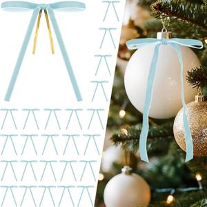 2 x 24 Pcs Light Blue Velvet Bows for Christmas Tree Decor, Elegant Velvet Pre-Tied Ribbon Bows Door Garland Vintage Ornaments for Christmas, Wreaths, Gifts and Home Decoration (5x7 Inch, 3/8'' Wide)