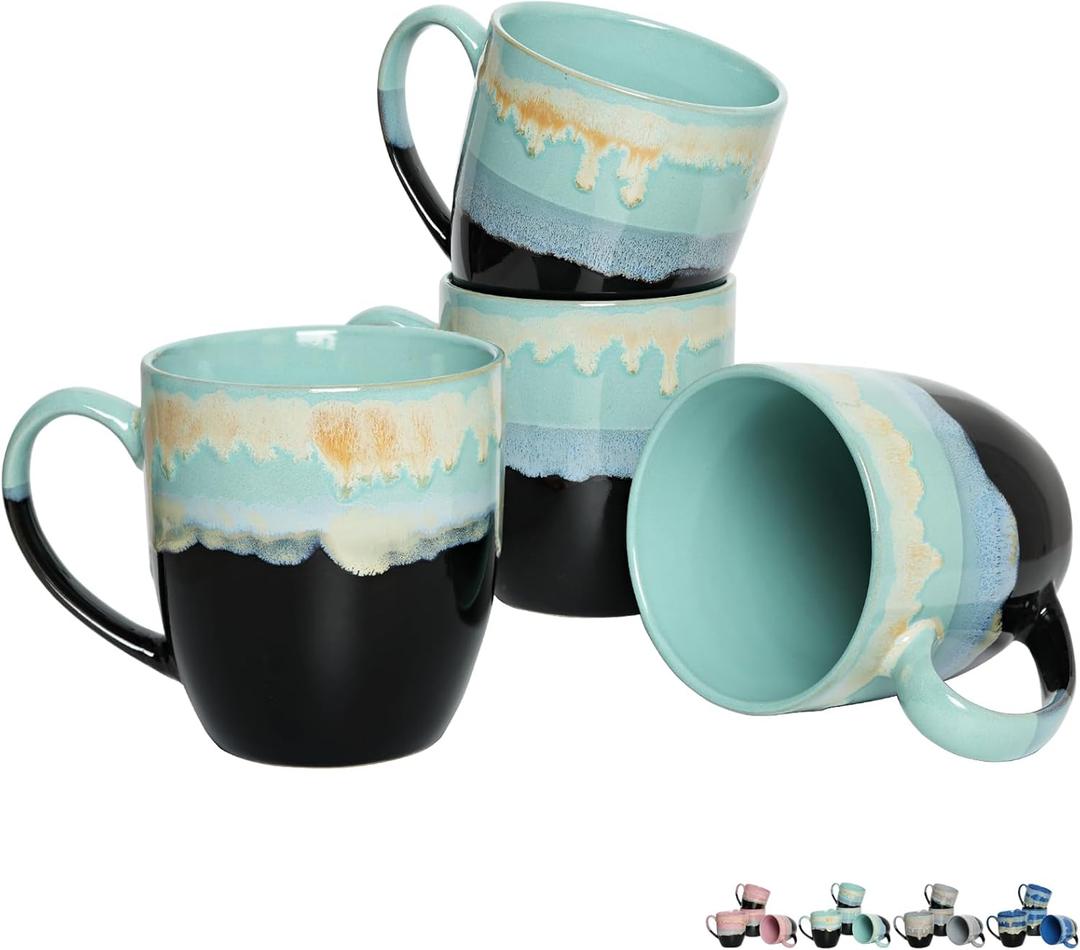 Bosmarlin Ceramic Coffee Mug Set of 4, 17 Oz, Coffee Cups with Big Handle, Microwave Safe, Unique Reactive Glaze(17 Oz, Pastel Blue)