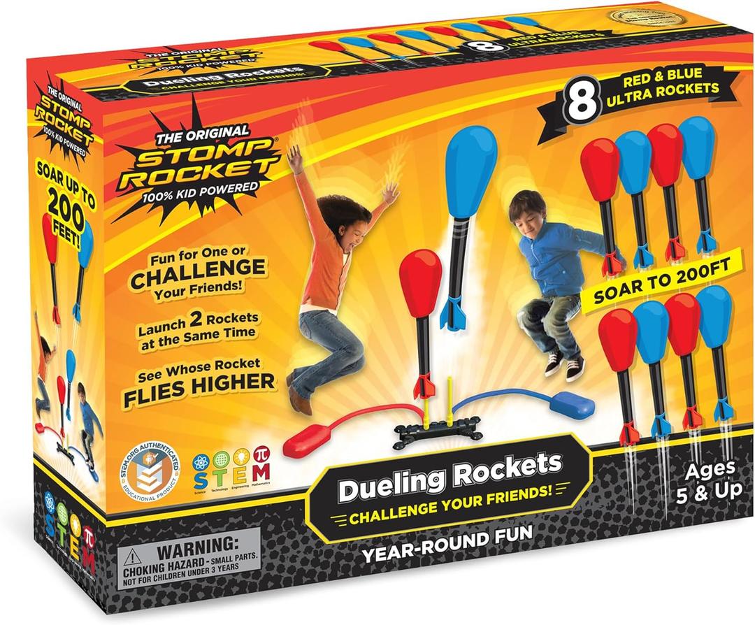 Stomp Rocket Original Dueling Rocket Launcher for Kids, 8 Rockets - Fun Backyard & Outdoor Kids Toys Gifts for Boys & Girls -Toy Foam Blaster Set Soars 200ft - Multi-Player Launcher Stand