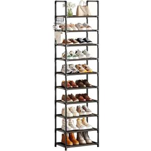 Simple Trending Shoe Rack for Closet, 10 Tiers Narrow Shoe Shelf Holds 20 Pairs, Shoe Organizer Storage with Hooks, Black (11"D x 17.6"W x 68.5"H)