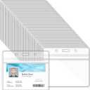 Happy Trees Badge Holder Horizontal ID Card Protector, Name Tag Badge Holders with Resealable Zip, Clear PVC Plastic Sleeves, Pass Case Credential Pouch for Office, School (50 Pack)