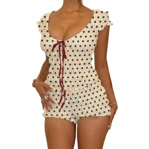 ROAONOCOMO Women Y2K Ruffle Pajama Set Gingham Ruched Tank Top Tiered Mini Boxer Shorts Set Bow Two Piece Lounge Set (Small, Seven Black Dots White)