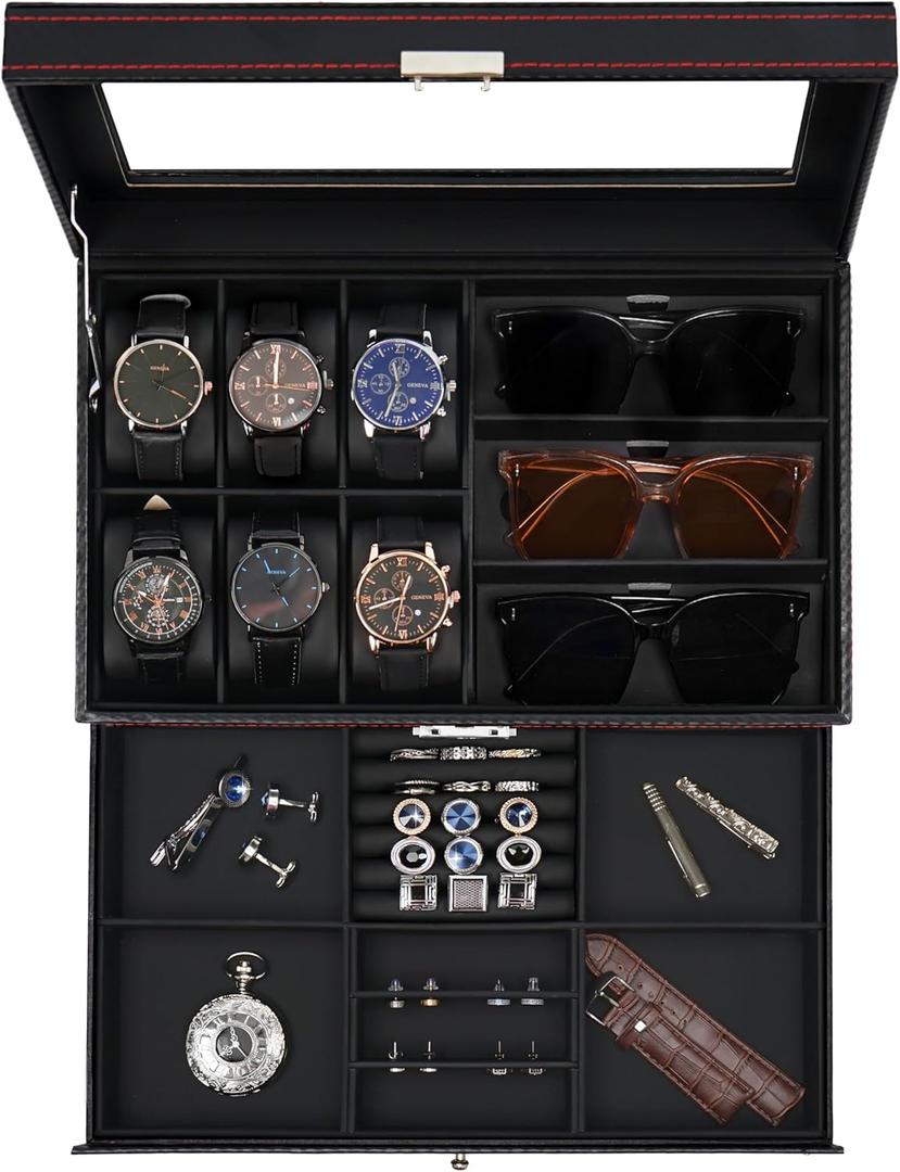 Jenseits Watch Box for Mens Jewelry Box, 6 Slot Watch Case & 3 Slot Sunglasses Organizer, Lockable PU Leather Jewelry Organizer Watch Display Storage W/Drawer For Rings Bracelets, Gift for Men Women (Black+Black)