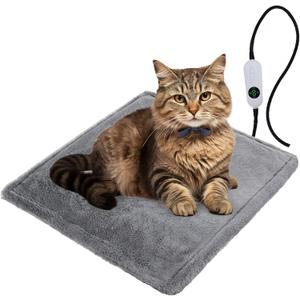 Cat Heating Pad with Timer, 9 Temperature Adjustable,Waterproof Electric Pet Heating Pad with Velvet Cover,Auto Power-Off, Anti-bite Dog Heat Pad for Dogs Cats -17.7''x15.7''