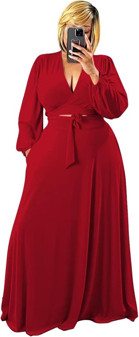 Plus Size Women's 2 Piece Outfits Casual Long Sleeve Wrap Crop Top Maxi Long Dress Flowy Matching Sets (Medium, 0813-red)