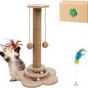 4-in-1 Wooden Cat Scratcher Toy,Cat Scratching Post&2-Level Track Tower With 8 Balls&2 Sisal Ball&2 Cat Wand Toy,Indoor Cat Activity Center For Cats Of All Ages And Body Types (11.8"L x 11.8"W x 19"H)