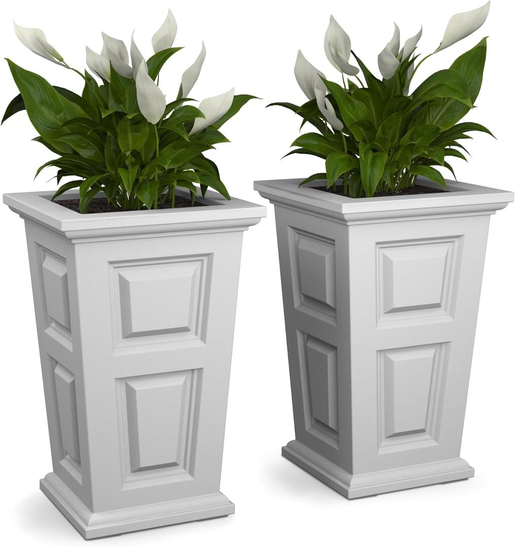 Mayne Wyndham 24-Inch Tall Planter, 2-Pack  Self-Watering, Weather-Resistant Planter for Flowers  Durable Indoor/Outdoor Design for Patio, Porch, or Entryway (White)