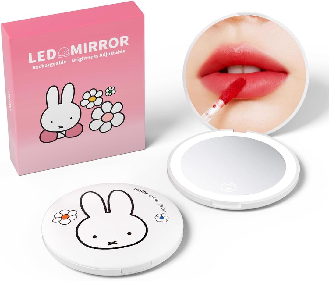 Miffy Handheld LED Makeup Mirror, Foldable 2-Side 1x/10x Magnification,Pocket Small Lighted Mirror for Travel, Rabbit Shape (Pure White)
