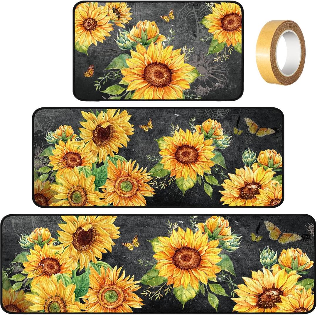 Fourluoo Sets of 3 Sunflower Kitchen Rugs and Mats Summer Non Slip Kitchen Rugs Washable Sunflower Door Mats for Floor Home Bathroom Cabin Farmhouse Decor