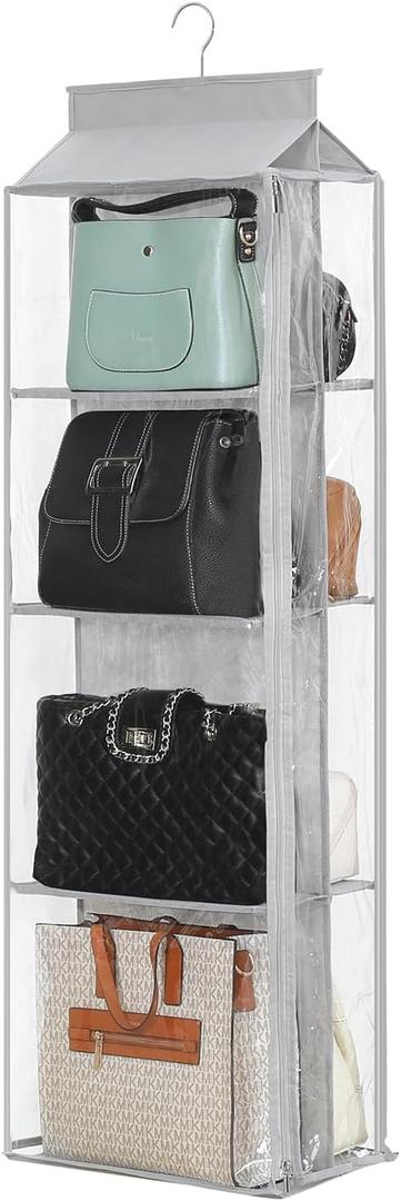 8 Grids in 1 Pack Hanging Purse Handbag Organizer with Double Zippers, Visible Purse Organizer for Closet, Fully Enclosed Handbag Storage Holder, Hanging Closet Organizer for Bags (Not Rotatable, Gray)