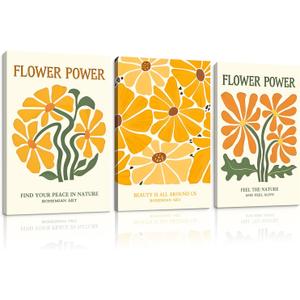 Framed Boho Flower Power Canvas Wall Art Retro Gallery Floral Prints 70s Inspired Botanical Painting Posters Colorful Vintage Picture Room Decor Aesthetic Bohemian Wall Art for Bedroom Living Room Office16x24 Inchx3 (Canvas Yellow-2pcs)