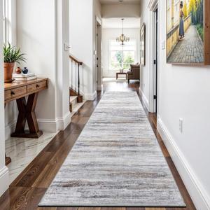 3x9 Washable Runner Rug for Family: Easy-to-Clean Runners for Hallway Entryway Kitchen Bedroom - Stain and Water Resistant Rugs with Non-Slip Backing - Soft Low-Pile Carpet Beige Grey