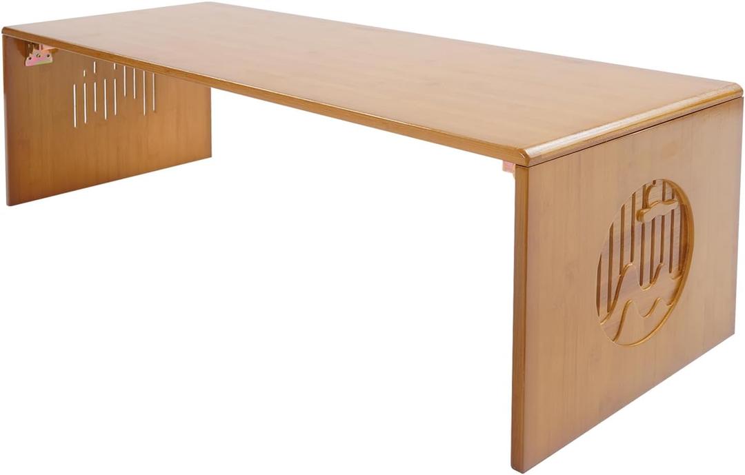 Folding Coffee Table Japanese Table Foldable Floor Tables with Handcrafted Carving Low Desk Bamboo Tables for Living Room Dining Room Tatami 39.4x14.6x11.8 inch (Large)