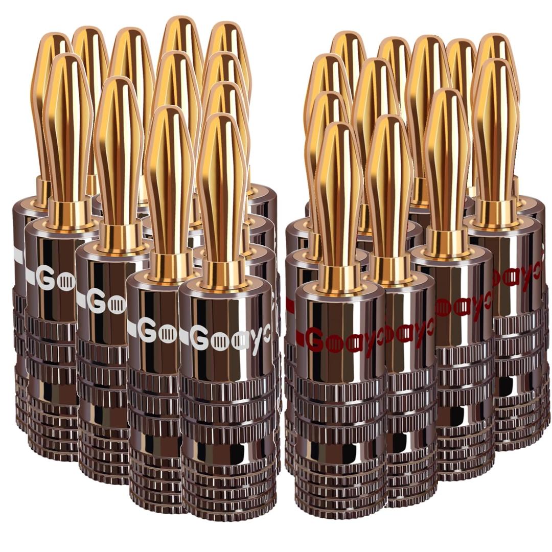 Speaker Connector Banana Plugs - 24K Gold Plated Brass 4mm Plug (12 Pairs/24 pcs)