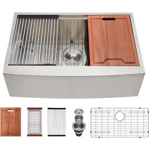 Lordear 33 Farmhouse Sink Stainless Steel Apron Front Ledge Workstation Deep Single Bowl 16 Gauge Stainless Steel Kitchen Farm Kitchen Sinks with Accessories, 9" Apron Height, 33x22 Inch