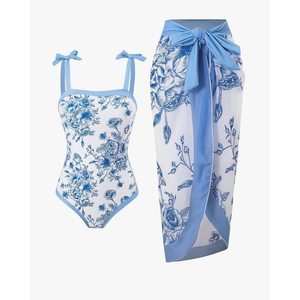 SHENHE Girl's Floral One Piece Swimsuit with Cover Up Sarong Wrap Tie Bow Cute Bathing Suit, 10Y