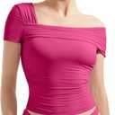 SUUKSESS Women One Off The Shoulder Summer Tank Tops Ruched Short Sleeve Shirts (Pink, S)