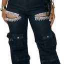 Women's High Waist Baggy Cargo Jeans Sexy Rhinestones Ripped Straight Wide Leg Denim Pants Y2K Streetwear with Pockets, Small