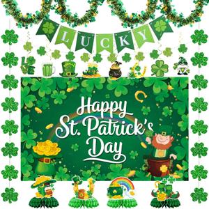 St Patrick's Day Decorations Kit,Large St Patricks Day Decorations Photo Backdrop,LUCKY Banner,Shamrock Garland,Clover Honeycomb Centerpiece,Irish Hanging Swirls for Home Garden Party Supplies