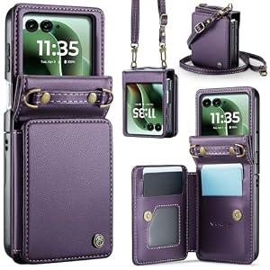 Vinich Crossbody for Motorola Razr Ultra 2025 Wallet Case with RFID Blocking Card Holder, Strap Kickstand Shockproof Flip Phone Cover for Women Men, Purple