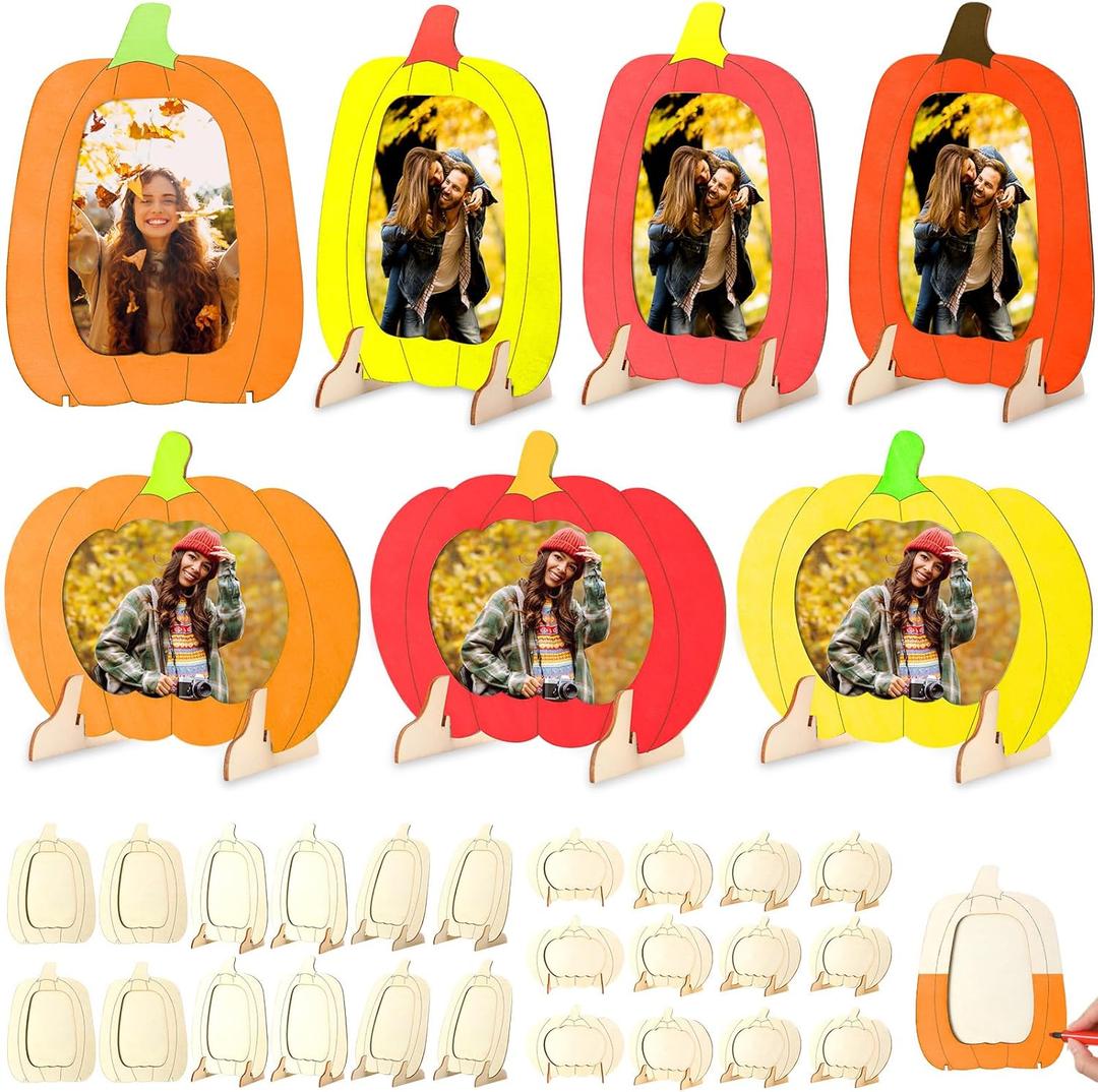 Geelin 24 Pack Thanksgiving DIY Crafts Wooden Pumpkin Picture Frame Unfinished Solid Wood Fall Pumpkin Photo Frame for Thanksgiving Christmas Party Gift Tabletop Display DIY Activities Decoration
