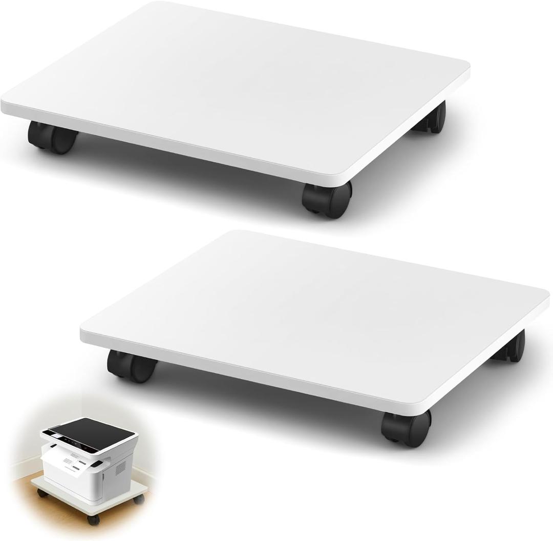 2 Pcs Office Under Desk Printer Stand with 4 Caster Wheels White Movable Printer Copier Shelf and CPU Holder for Home Office Heavy Duty Storage Rack Scanner Fax Machine, 13.78 x 11.81 Inches