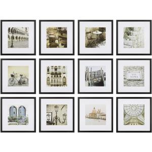 Gallery Perfect 12-Piece Black Photo Frame Set with Hanging Template - 12x12 Picture Frame Matted to 8x8 - Gallery Wall Kit