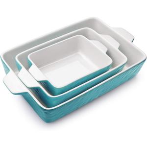 Casserole Dishes for Oven, Ceramic Baking Dishes, Lasagna Pan with Handles, Porcelain Baking Pan Deep, Bakeware for Baking, Cooking, Wedding Gift, Set of 3 (11.6" x 7.8", Aquamarine)
