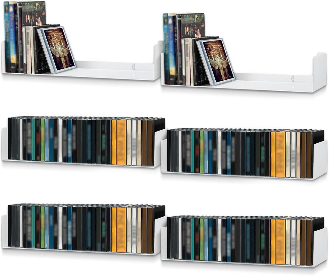 Yalikop 6 Pack Cd Dvd Floating Shelves U Shape Shelves Storage Metal Cd Dvd Storage Organizer White Wall Bookshelf for Movie Cases for Living Room, Bedroom, Bathroom, Kitchen