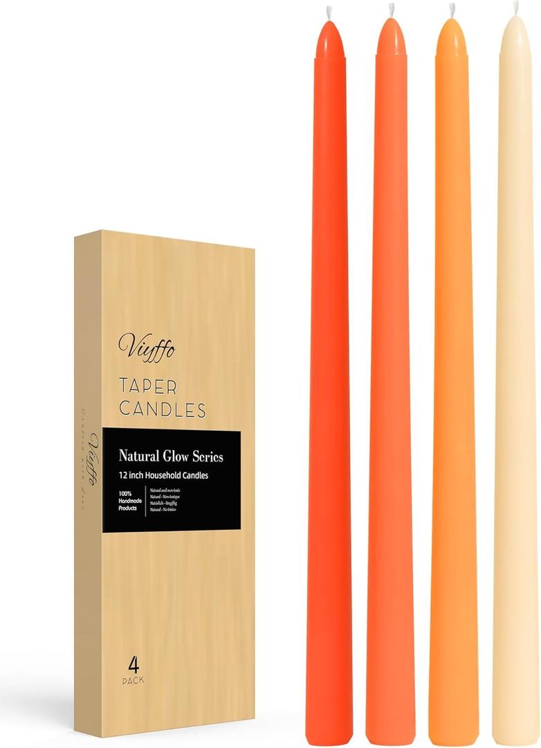 Viyffo Taper Candles, 12 Inch, 4 Pack, Orange  Unscented, Smokeless Design, Up to 8-Hour Burn  Tall Candlesticks for Table Decor, Weddings & Dinners